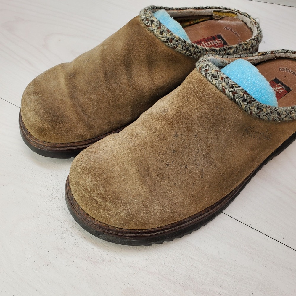 Vintage 1999 Simple Shoes Tan Suede Clogs Mules Braided Trim Womens 8.5 Boho Y2K